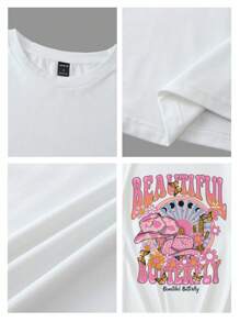 Tseoso Women Loose Casual Minimalist Butterfly & Letter Print Short Sleeve Round Neck T-Shirt, Suitable For Spring And Summer Retro