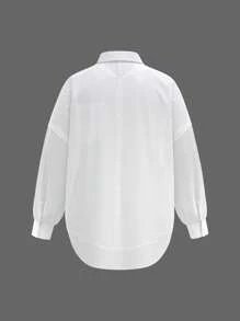 SHEIN BASICS Casual Solid Color Woven Loose Fit Plus Size Long Sleeve Shirt - White - View 2