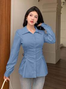 Modelyn Lace-Up Front Button Decor Fashion Long Sleeve Shirt Fall Cloth For Women - Blue - View 6