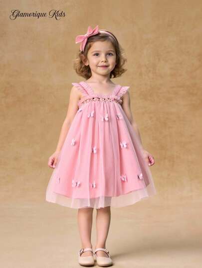 Glamorique Kids Young Girl's Sweet 3d Butterfly Decor Mesh Cami Dress