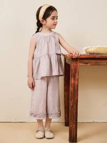 DAZY Young Girls Casual Round Neck Nature Style Sleeveless Blouse & Wide Leg Loose Pants 2pcs Set - Mauve Purple - View 6