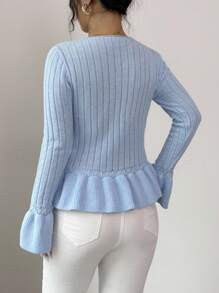 Elenzga Minimalist Fashion Hollow Out Lace Trim Pullover Flare Sleeve Knit Sweater Knit Pullover Fall Winter - Baby Blue - View 2