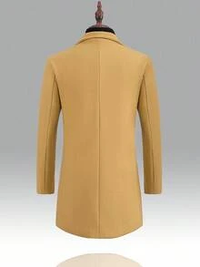 Manfinity Mode 男士休闲纯色羊毛混纺大衣，秋冬男士长款大衣男士外套男士黄色大衣男士黄色大衣男士棕褐色大衣，商务正装风格 - 卡其色 - 查看 2