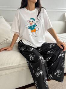 DAZY Bộ đồ ngủ in hình hoạt hình dễ thương và quần ngủ in hình đầy đủ cho nữ - trắng - Xem 6