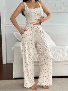 DAZY 2件套女士碎花舒适睡衣套装 - 米色 - 查看 1