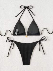 Swim Mod Conjunto de bikini para mujer con decoración de flor de metal texturizada en el cuello halter para vacaciones de verano en la playa - Negro - Ver 5
