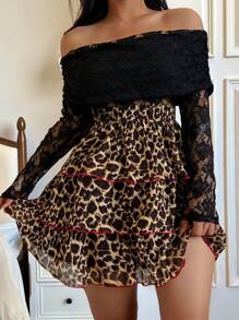 Cravure Plus Size Women's New Layered Ruffle Hem Loose Leopard Print Mini Skirt