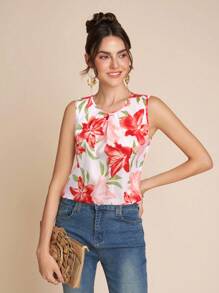 SHEIN Clasi 女式新款时尚花卉印花圆领无袖衬衫 - 紅色 - 查看 4