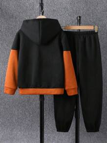 2pcs/Set Tween Boy Casual Hooded Color Block Sweatshirt And Pants Set
