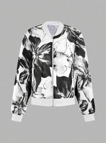 EMERY ROSE Women's Floral Print Long Sleeve Zipper Collar Baseball Jacket Fall Winter Cloth For Women - Black and White - View 3