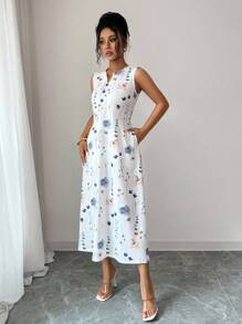 SHEIN PETITE Abito casual da donna con scollo a V, stampa floreale, senza maniche, con tasche, lavorato a maglia, adatto alle vacanze
