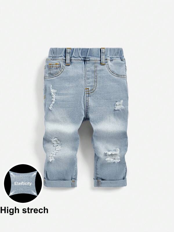 SHEIN Baby Boy Infant Boys' Elastic Waistband Distressed Denim Pants, Washed