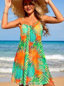 SHEIN Beach Vacation Outfits: Women Tropical Plant Print Spaghetti Strap Dress & Cover Up