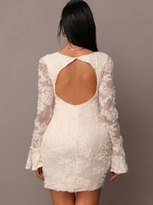 MaterniChic 孕妇纯色网眼拼接优雅长袖连衣裙 - 杏色 - 查看 2