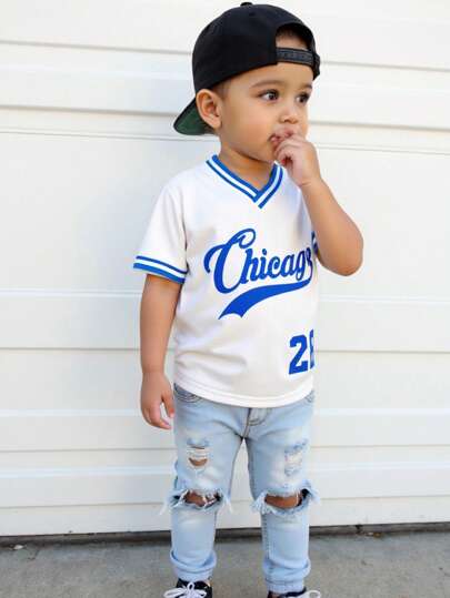 SHEIN 2pcs/Set Toddler Boys/Girls Blue & White Textured Letter Print Short Sleeve Tee & Knit Top, Suitable For Indoor, Outdoor, Casual, Sports, Play, Party, Photography, Competition, Spring/Summer