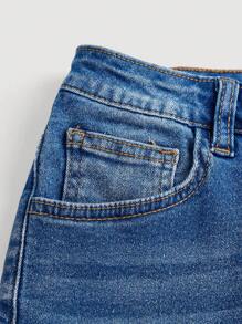 SHEIN Girlism Short vaquero de cintura alta, deshilachado y dobladillo enrollado para adolescentes, short vaquero de verano para niños