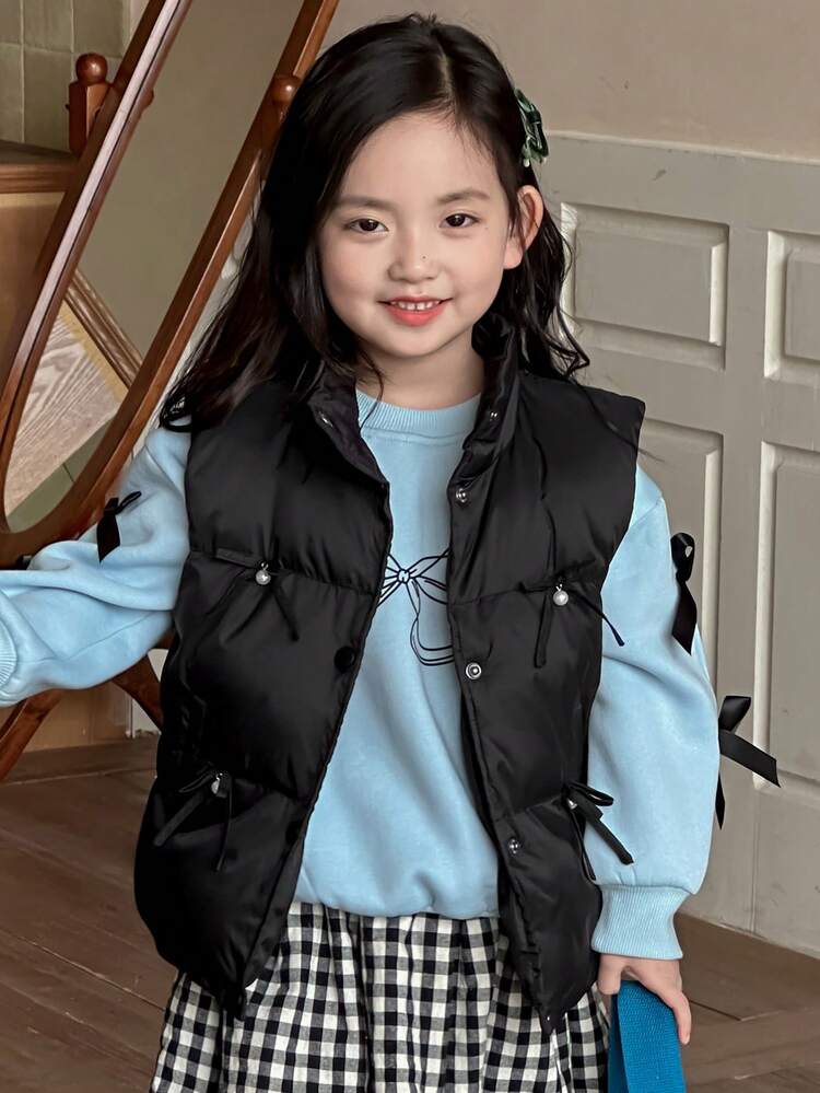 Young Girl Solid Color Sleeveless Bow Decor Winter Warm Padded Vest Winter Coat