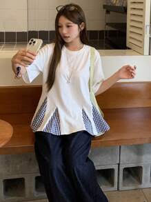 DAZY 女士格子拼布圆领韩版短袖T恤 - 白色 - 查看 7