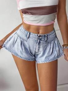 SHEIN ICON Women's Pleated Casual Low Waist Wide Leg Denim Shorts - Light Wash - View 1