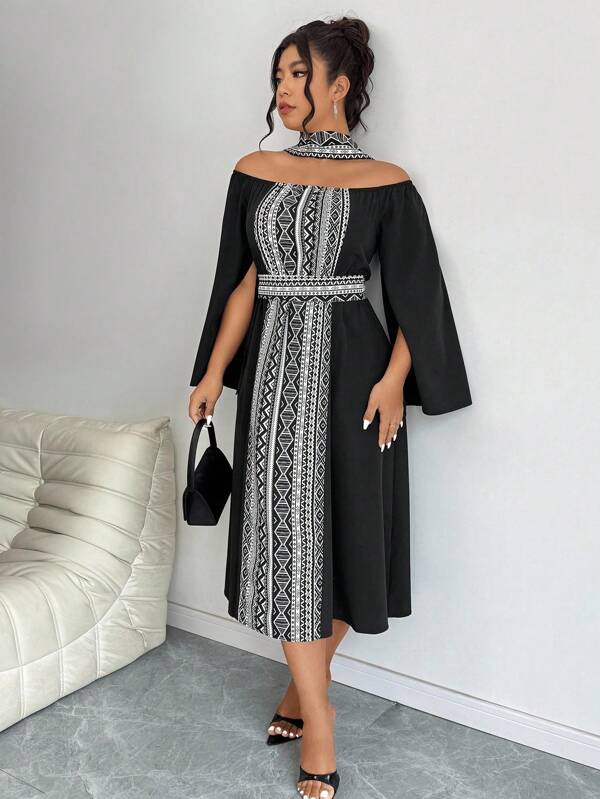 Elenzga Plus Size Elegant Geometric Print Patchwork One Shoulder Midi Dress