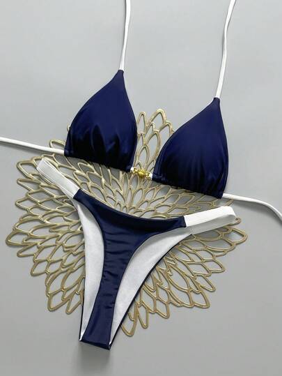 Swim Vcay 2pcs Women's Shell Accent Color Tie Halter Tankini Swimsuit Set For Beach Vacation, Summer