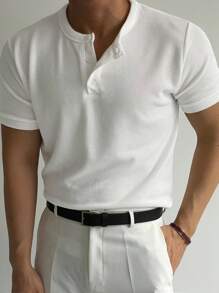 DAZY Camiseta de verano para hombres con cuello de botones y manga corta informal con unicolor