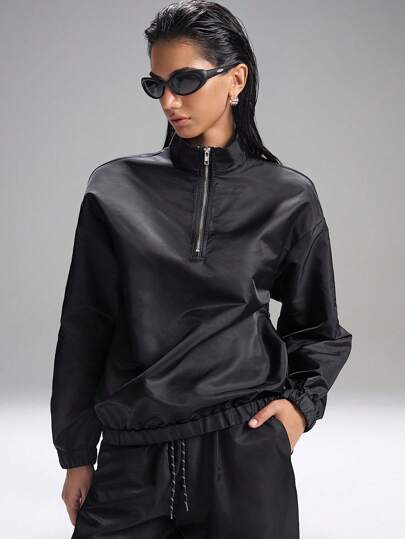 LYSMO Minimalist Avant-Garde Black Long Sleeves High Collar Belt Single Breasted Casual Loose Zipper Jacket For Minimalist Daily Commuting All-Match Graduation Clothing, 2025 New Arrive Back To School Coat In Fall/Winter