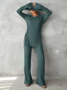 SHEIN Cottnline Cotton Solid Split Hem Tee & Flare Leg Pants - Olive Green - View 5