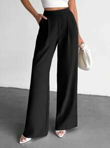 EURMUSE Calça feminina larga plissada de cintura alta - Preto - Ver 5