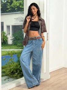 Rafferiza Women's Vacation Leopard & Zebra Print Loose Turndown Collar Short Sleeve Long Shirt - Coffee Brown - View 5