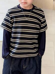 Zikori Zikori Young Boys Casual Black & White Striped Round Neck Long Sleeve T-Shirt