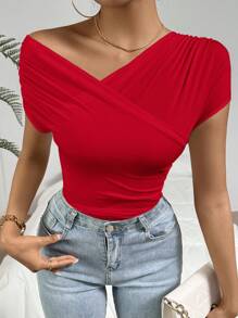 Firerie Tricou elegant pentru femei, culoare solidă, cu guler asimetric, înfășurat, de vară - roșu - Vizualizare 6