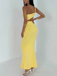 Aloruh Women's Summer Sexy Solid Color One Shoulder Hollow Ruched Draped Front Bodycon Dress - Yellow - View 4