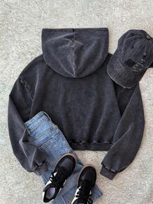 少女宽松版型黑色混色针织连帽衫，带口袋，复古街头风格，适合春夏秋冬，适合运动、返校季、休闲、居家