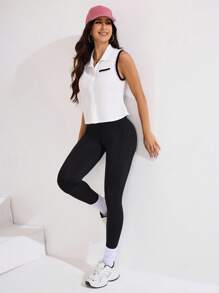 CourtClass Camisa tipo polo sin mangas de un solo pecho con textura de waffle para deportes de yoga para mujer - Blanco - Ver 5