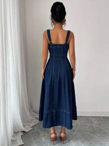Elenzga Vestido de mezclilla casual de verano con bolsillo de moda callejera, cierre de hebilla y correa de un solo pecho para mujer