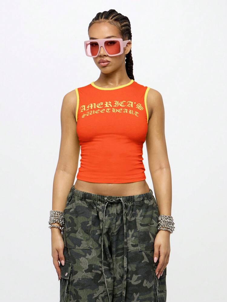 SUMWON WOMEN Sleeveless Crop Tank Top Graphic Lettering Binding Design Festival Summer Casual Streetwear Lounge Rave Athleisure