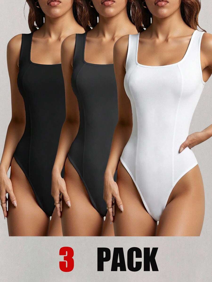 3 PiecesWomen Solid Square Neck Bodysuit Set - Multicolor - View 1