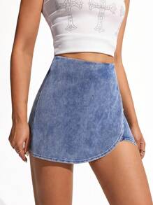 SHEIN Essnce Women's Summer Casual Washed Denim Wrap Shorts - Blue - View 4