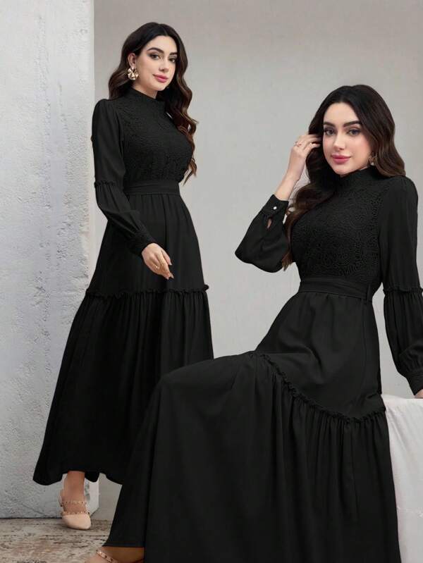 Graceveil Women Solid Color Contrast Lace Long Sleeve Elegant Dress