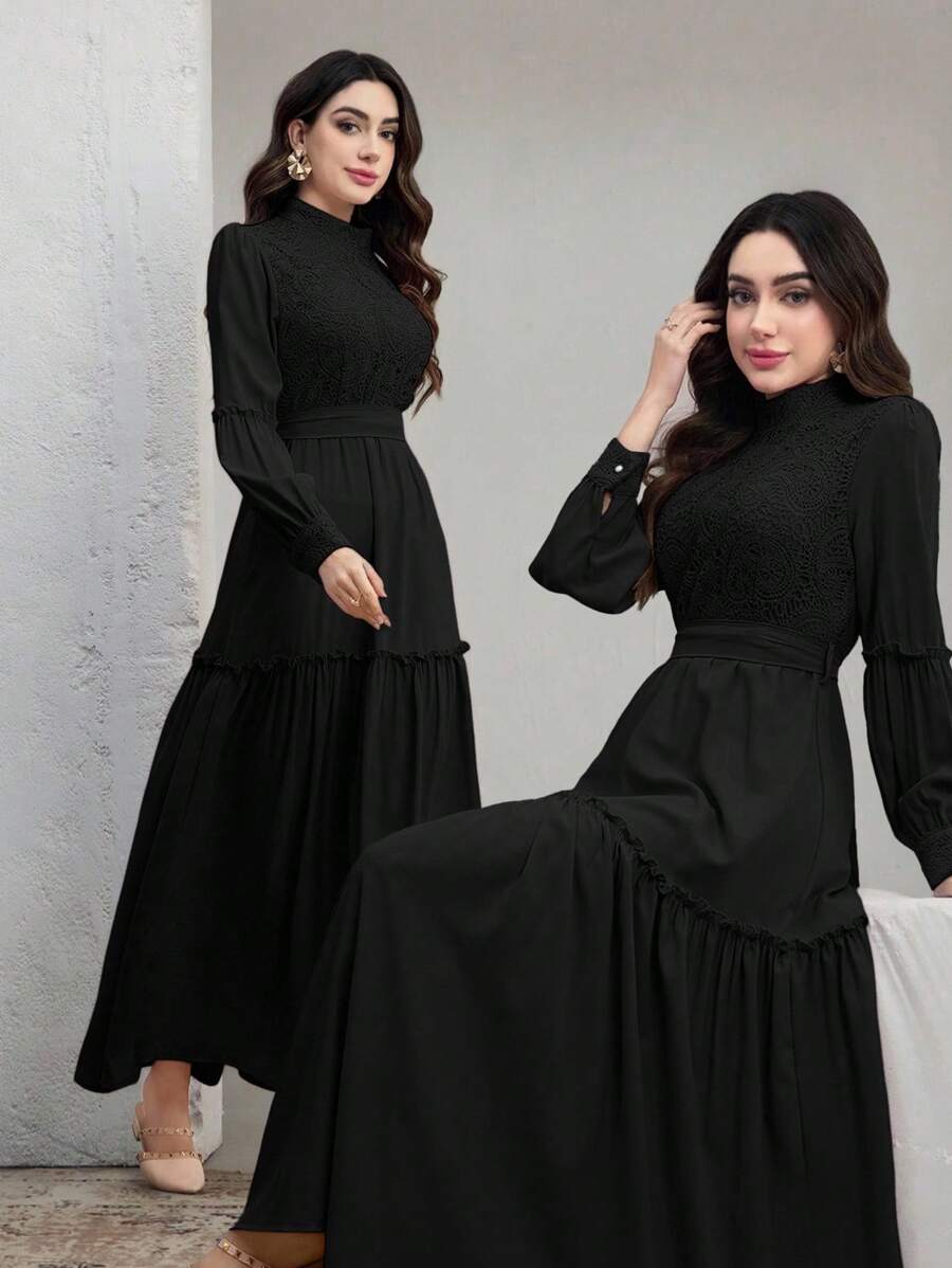 Graceveil Đầm ren dài tay thanh lịch màu trơn cho nữ - màu đen - Xem 1