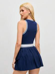 Cheerettes Women's Letter & Striped Pleated Hem Round Neck Casual Fitness Sport Dress