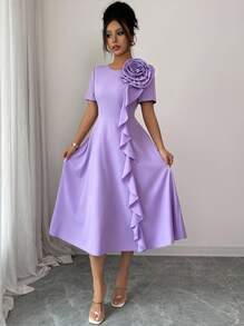 SHEIN Raffinéa Đầm maxi nữ cao cấp, thanh lịch, cổ vuông, tay phồng, họa tiết hoa 3 chiều, eo xếp ly, viền sóng, thích hợp cho mùa xuân hè, màu tím, dáng dài ngang gối, dự tiệc cưới, mùa hè. - Màu tím - Xem 5
