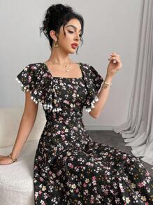 Modelyn 女士优雅碎花荷叶边袖连衣裙，适合日常穿着 - 黑色 - 查看 1