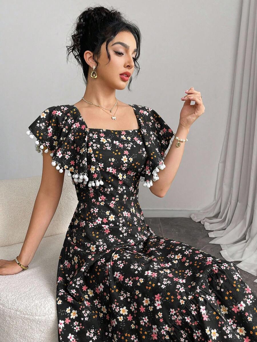 Modelyn 女士优雅碎花荷叶边袖连衣裙，适合日常穿着 - 黑色 - 查看 1