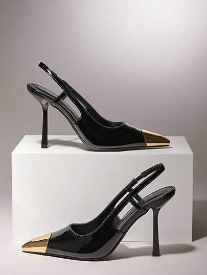 Hauture Elegant Women's Black Patent Slingback Pointed Metal Toe Cap Pump Square Cut Vamp Stiletto High Heel Sexy Spring Summer Vacay Party Shoes For Christmas