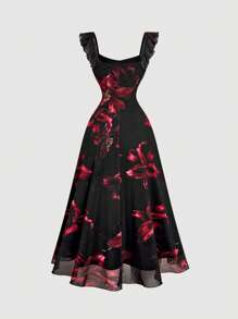 SHEIN MOD Váy lưới xếp nếp họa tiết hoa cho nữ, Váy trang trọng, Váy dạ hội, Trang phục du ngoạn cho nữ, Váy Halloween, Trang phục thập niên 90, Váy dạ hội, Váy phù dâu, Váy dự tiệc cưới mùa thu, Quần áo phù thủy, Trang phục tiệc trưa cho nữ - màu đen - Xem 2
