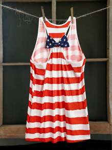 SHEIN LUNE Plus Size Women USA Flag Print Round Neck Sleeveless With Pocket Casual Fashion Versatile Loose Fit Summer Vacation Comfortable Tank Top, For 4th Of July