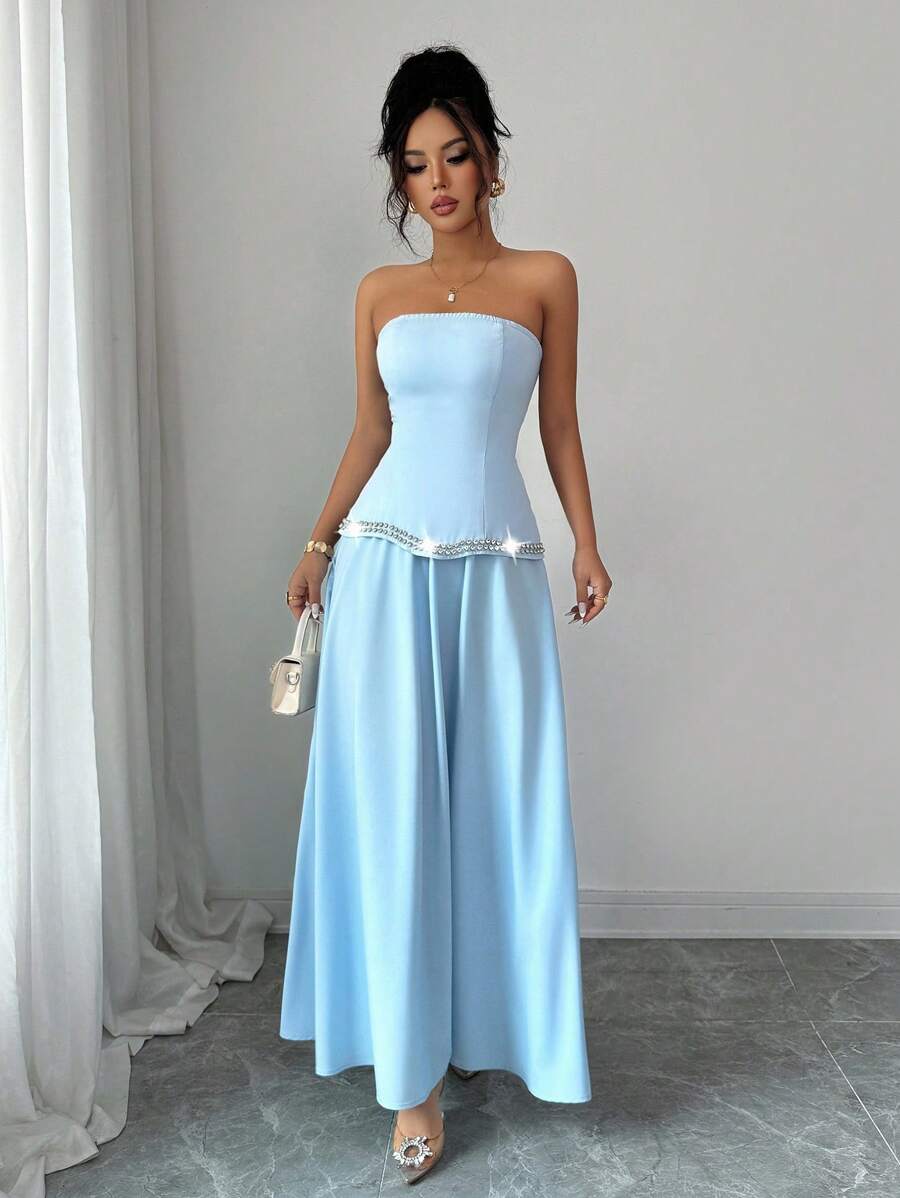 Elenzga Elegant Waisted Top With Rhinestones And Flared A-Line Skirt, Blue 2 Pieces Outfit Suit For Women, Suitable For Dating, Shopping, Outing, Music Festival And Other Occasions In Spring/Summer