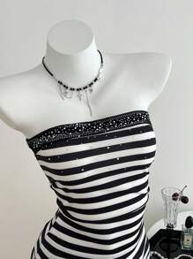 Elamini 女士休闲条纹水钻装饰抹胸上衣